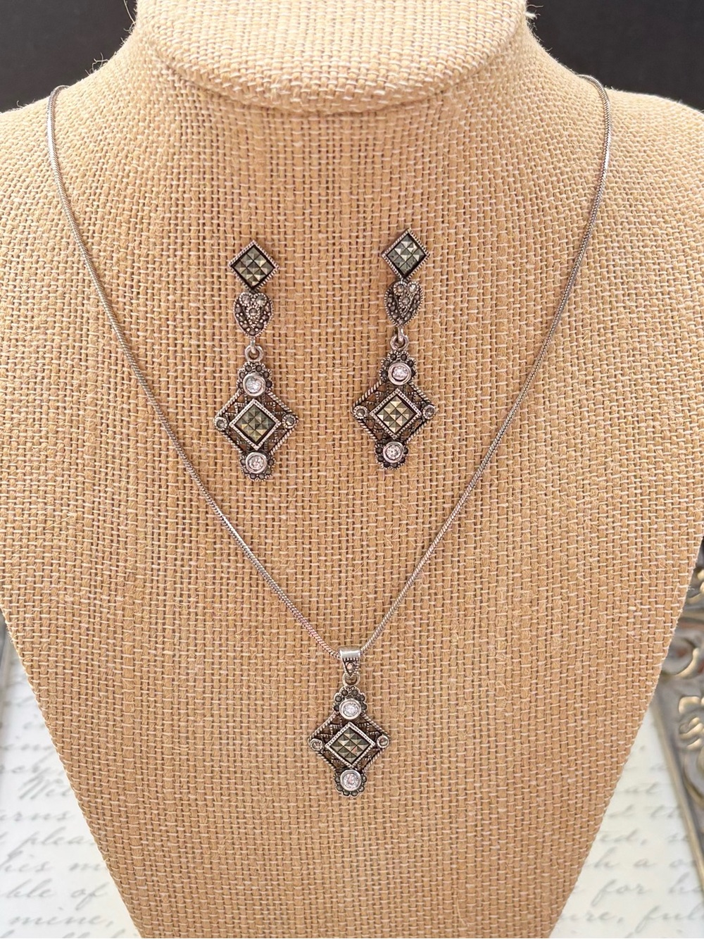 Vintage Sterling Silver Marcasite Art Deco 19" Necklace & Post Earrings Set